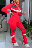 Red Fashion Casual Zipper Collar Long Sleeve Regular Sleeve Patchwork Plus Size Jumpsuits