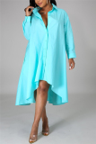 Blue Fashion Casual Regular Sleeve Long Sleeve Turndown Collar Shirt Dress Knee Length Solid Dresses