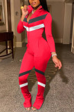Red Fashion Casual Zipper Collar Long Sleeve Regular Sleeve Patchwork Plus Size Jumpsuits