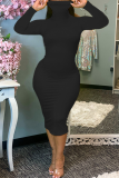 Black Fashion Sexy Regular Sleeve Long Sleeve Turtleneck Long Sleeve Dress Mid Calf Solid Dresses
