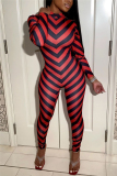 Red Fashion street Striped Milk. Long Sleeve O Neck Jumpsuits