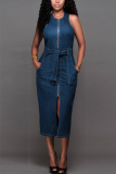 Blue Fashion Casual Street Daily Cold Shoulder Sleeveless Cold Shoulder The MIDI Dress Mid Calf Solid Dresses
