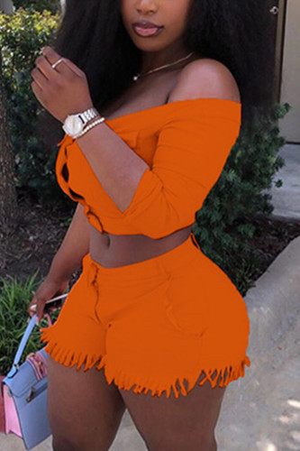 Orange Fashion Casual adult Ma'am Solid Two Piece Suits Straight Three Quarter Two Pieces