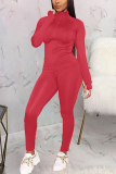 rose red Fashion Sexy Active Casual Europe and America Solid Straight Long Sleeve Two Pieces