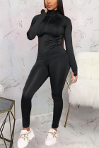 Black Fashion Sexy Active Casual Europe and America Solid Straight Long Sleeve Two Pieces
