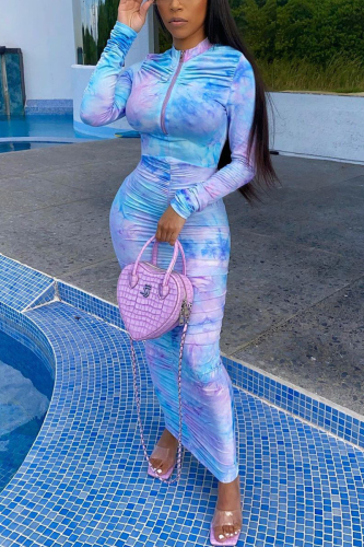 Blue Sexy Long Sleeves O neck Step Skirt Ankle-Length Print Tie and dye asymmetrical chain Dresses
