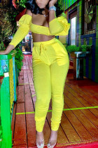 Yellow Spandex Fashion Sexy adult Ma'am Patchwork Solid Two Piece Suits pencil Long Sleeve Two Pieces
