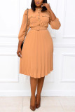 Black Fashion Casual Regular Sleeve Three Quarter Mandarin Collar Pleated Knee Length Solid Dresses