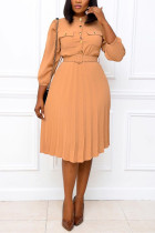 Khaki Fashion Casual Regular Sleeve Three Quarter Mandarin Collar Pleated Knee Length Solid Dresses