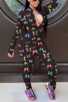 Black Fashion Sexy Zipper Collar Long Sleeve Regular Sleeve Skinny Butterfly Print Jumpsuits