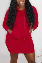 Red Fashion Casual Regular Sleeve Long Sleeve Hooded Collar A Line Mini Solid Dresses