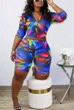Blue Fashion Sexy adult Ma'am Print Tie Dye Two Piece Suits pencil Long Sleeve Two Pieces