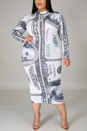 White Fashion Sexy Turtleneck Long Sleeve Regular Sleeve Print Printed Dress Plus Size