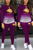 purple Milk Silk Fashion Active adult Ma'am Two Piece Suits Lips Print pencil Long Sleeve Two Pieces