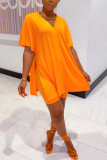 Orange Fashion Street Solid Two Piece Suits Straight Short Sleeve Two Pieces