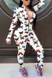 Rose Red Fashion Sexy Zipper Collar Long Sleeve Regular Sleeve Skinny Butterfly Print Jumpsuits