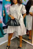 White Fashion Casual Regular Sleeve Short Sleeve Shirt Collar Shirt Dress Knee Length Patchwork Dresses