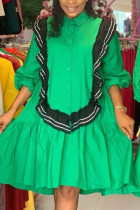 Green Fashion Casual Regular Sleeve Short Sleeve Shirt Collar Shirt Dress Knee Length Patchwork Dresses