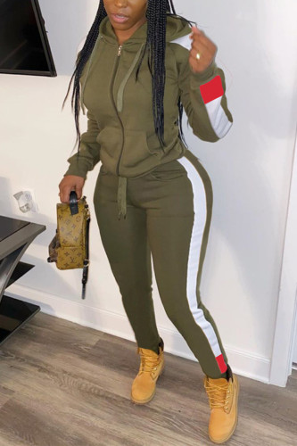 Army Green Fashion Casual Sportswear Long Sleeve Zipper Collar Regular Sleeve Regular Patchwork Two Pieces
