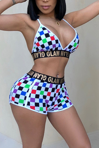 Decorative pattern Milk Silk Sexy Plaid Print Camouflage Straight Sleeveless Two Pieces