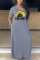 Gray Fashion Casual Plus Size Short Sleeve V Neck Printed Dress Floor Length Print Dresses