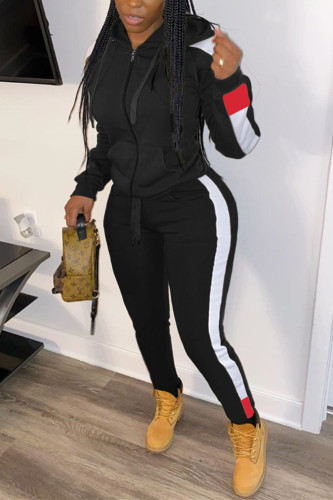 Black Fashion Casual Sportswear Long Sleeve Zipper Collar Regular Sleeve Regular Patchwork Two Pieces