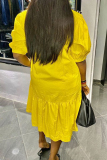 Yellow Fashion Casual Regular Sleeve Short Sleeve Shirt Collar Shirt Dress Knee Length Patchwork Dresses