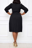 Khaki Fashion Casual Regular Sleeve Three Quarter Mandarin Collar Pleated Knee Length Solid Dresses