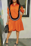 Orange Fashion Casual Regular Sleeve Short Sleeve Shirt Collar Shirt Dress Knee Length Patchwork Dresses