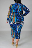 Blue Fashion Sexy Turtleneck Long Sleeve Regular Sleeve Print Printed Dress Plus Size