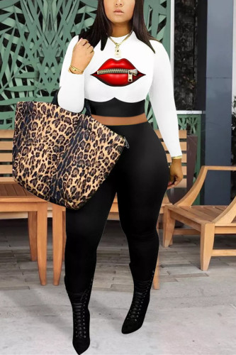 White Fashion Sexy adult Ma'am Print Two Piece Suits pencil Long Sleeve Two Pieces