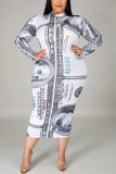 White Fashion Sexy Turtleneck Long Sleeve Regular Sleeve Print Printed Dress Plus Size
