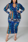 Blue Fashion Sexy Turtleneck Long Sleeve Regular Sleeve Print Printed Dress Plus Size