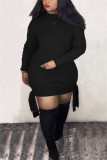 Black Sexy Europe and America Long Sleeves O neck Step Skirt skirt Solid Dresses