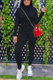 Black Fashion Casual Solid Long Sleeve O Neck Jumpsuits