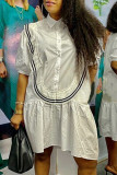 White Fashion Casual Regular Sleeve Short Sleeve Shirt Collar Shirt Dress Knee Length Patchwork Dresses