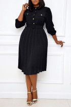 Black Fashion Casual Regular Sleeve Three Quarter Mandarin Collar Pleated Knee Length Solid Dresses