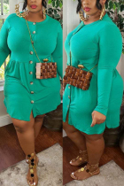 Green Fashion Casual O Neck Long Sleeve Regular Sleeve Solid Plus Size Dress