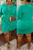 Green Fashion Casual O Neck Long Sleeve Regular Sleeve Solid Plus Size Dress