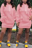 Pink Fashion Casual Hubble-Bubble Sleeve Long Sleeve Hooded Collar Long Sleeve Dress Mini Solid Dresses