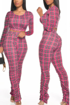 Rose Red Fashion Casual Long Sleeve O Neck Regular Sleeve Regular Plaid Print Two Pieces