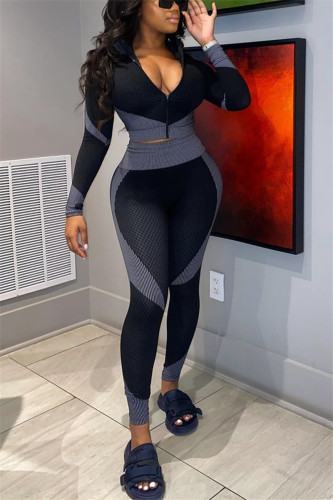 Grey Fashion Long Sleeve V Neck Regular Sleeve Short Patchwork Two Pieces