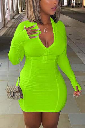 Green Fashion adult Ma'am Sweet Cap Sleeve Long Sleeves O neck Step Skirt skirt Solid chain Dresses