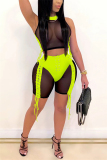 Fluorescent Green Fashion Sexy Sleeveless O Neck Off The Shoulder Short Patchwork Two Pieces