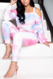 Pink knit Casual Print Tie Dye Straight Long Sleeve Two Pieces