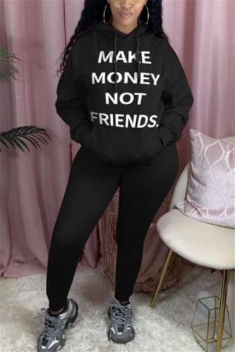 Black Casual England Letter Print Solid Straight Long Sleeve Two Pieces