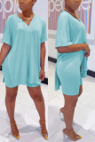 Light Blue Fashion Street Solid Two Piece Suits Straight Short Sleeve Two Pieces