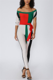 Red Fashion Striped Half Sleeve one shoulder collar Jumpsuits