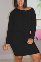 Black Fashion Casual Regular Sleeve Long Sleeve O Neck Knee Length Solid Dresses