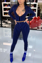 Blue Fashion Sexy Long Sleeve V Neck Regular Sleeve Short Striped Print Two Pieces